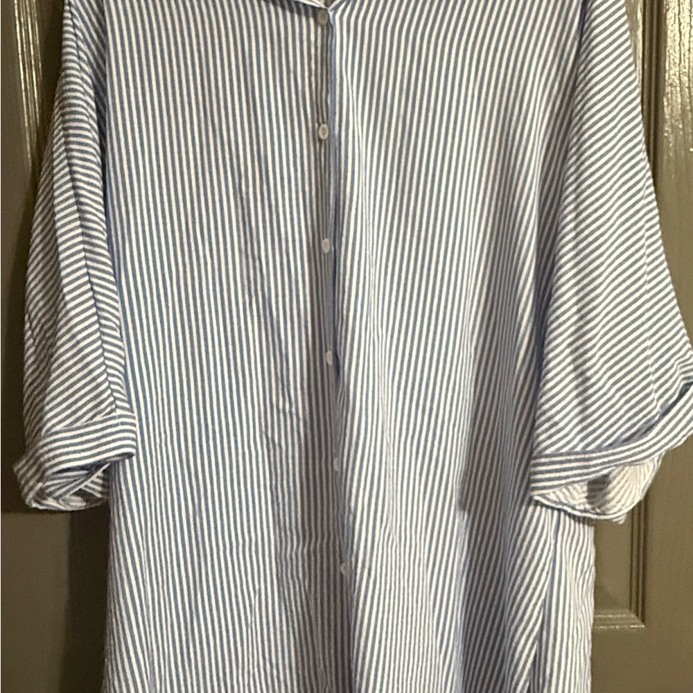 Blue & White Striped Button-Up Top and Shorts Set